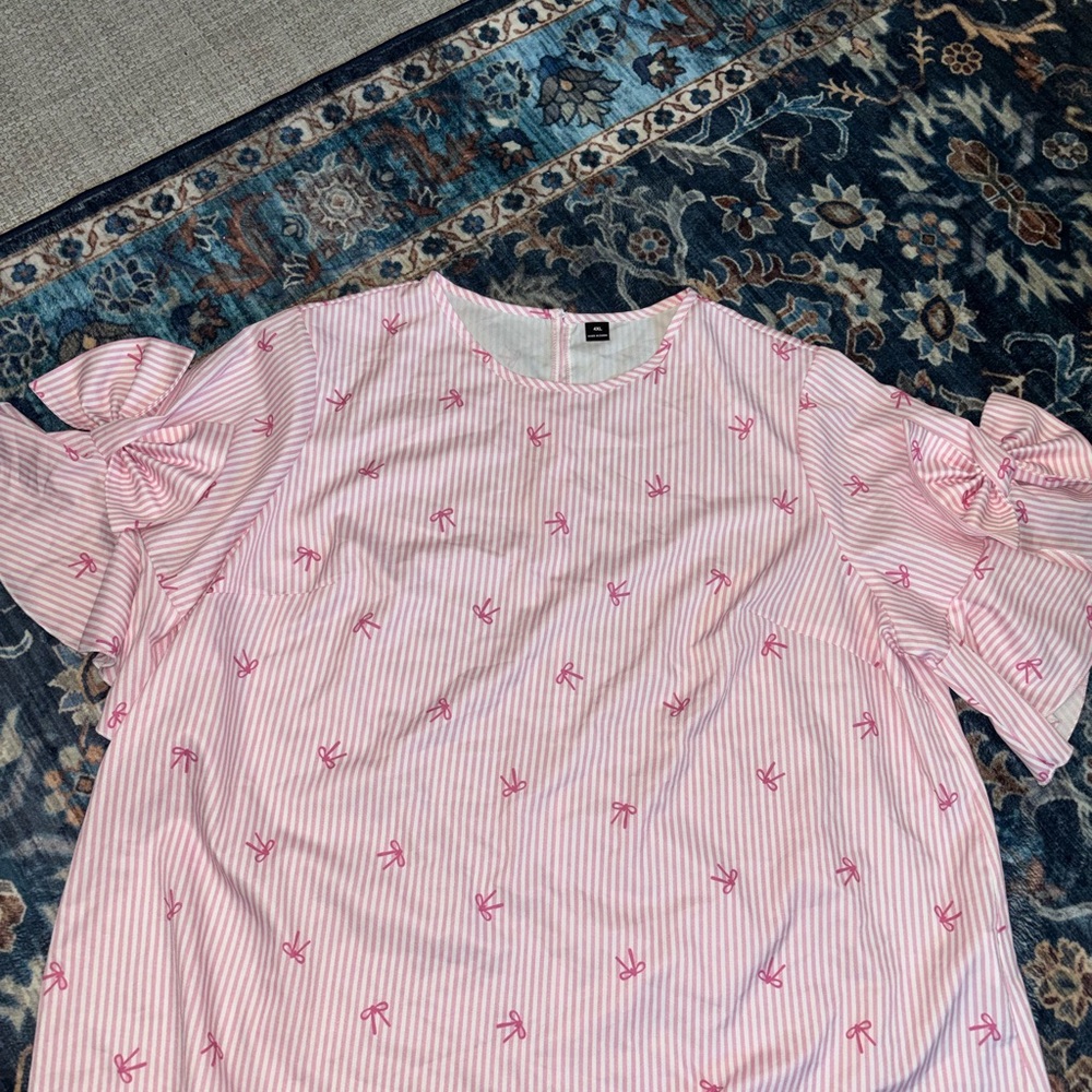 Pink Striped Blouse with Bow Accents
